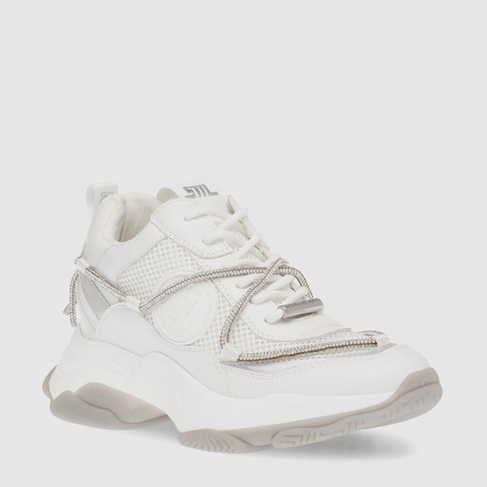 White chunky sneakers with silver accents and iridescent details, size US 8